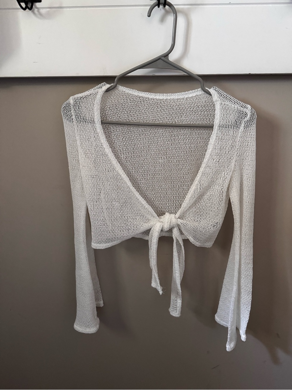 Women's White Tie-Front Sheer Knit Top